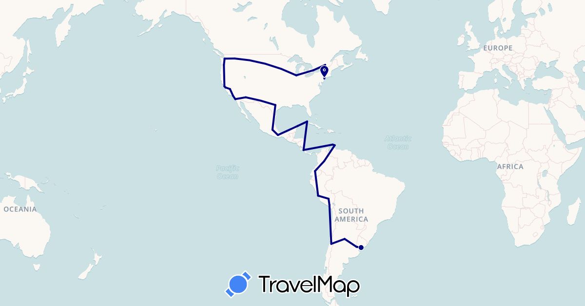 TravelMap itinerary: driving in Argentina, Canada, Chile, Colombia, Costa Rica, Cuba, Ecuador, Mexico, Netherlands, Peru, United States, Uruguay (Europe, North America, South America)